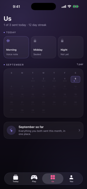 The Us tab, showing today's three, a streak and the month so far.